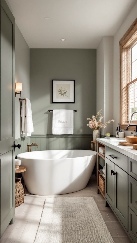 A bathroom featuring Redend Point paint with a freestanding bathtub, wooden accents, and natural lighting.