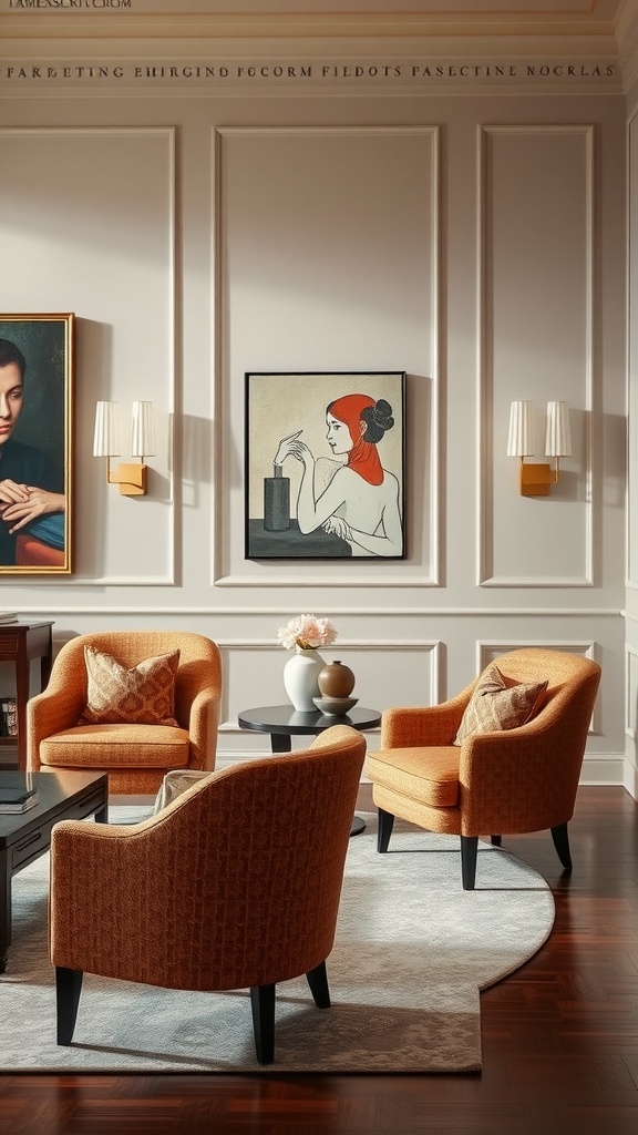 Living room featuring refined orange accent chairs against light wall decor with art.