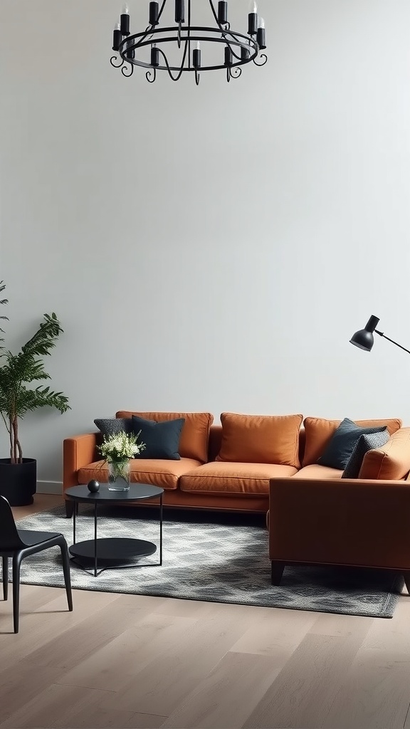 A modern living room featuring a burnt orange couch, black accents, and a potted plant, showcasing gothic and minimalist design.