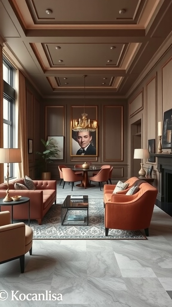 Cozy living room dining room combo with plush seating in warm colors