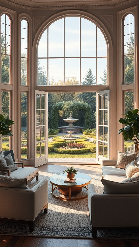 A refined living room with large windows and a view of an elegant garden featuring a fountain.