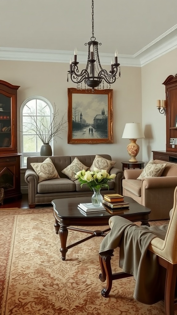 A cozy living room featuring a chandelier, comfortable seating, and rustic decor elements.
