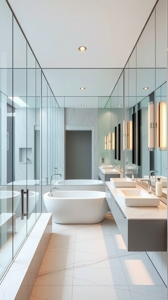 A modern bathroom featuring floor-to-ceiling mirrors that reflect light and create an expansive look.