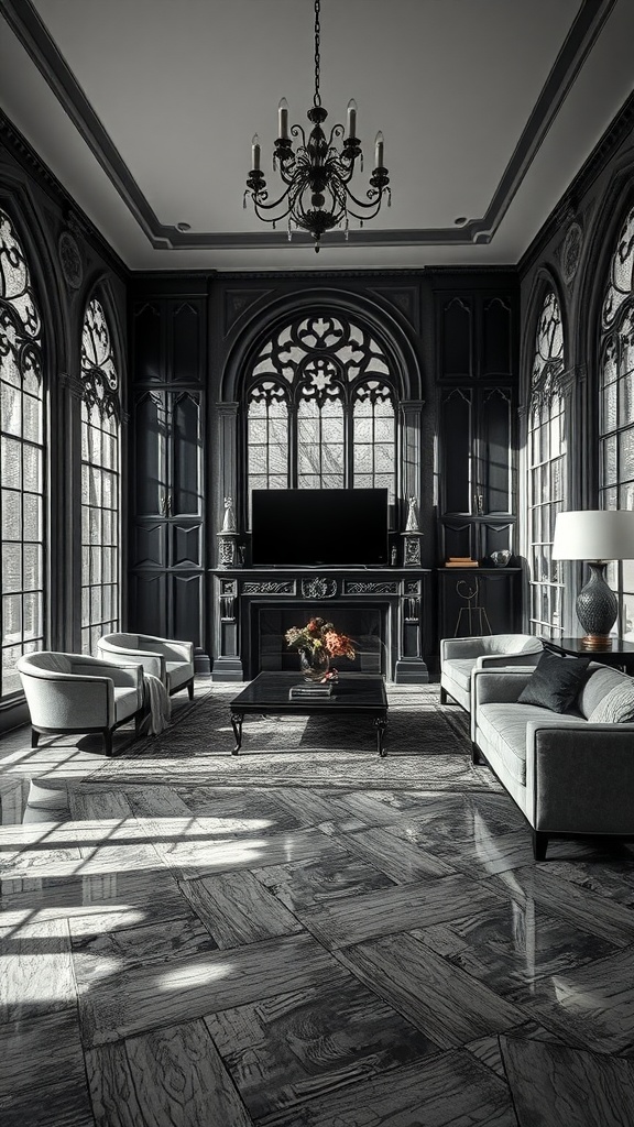 A gothic-inspired living room with reflective surfaces and classic textures, featuring dark wood paneling, large windows, and modern furnishings.