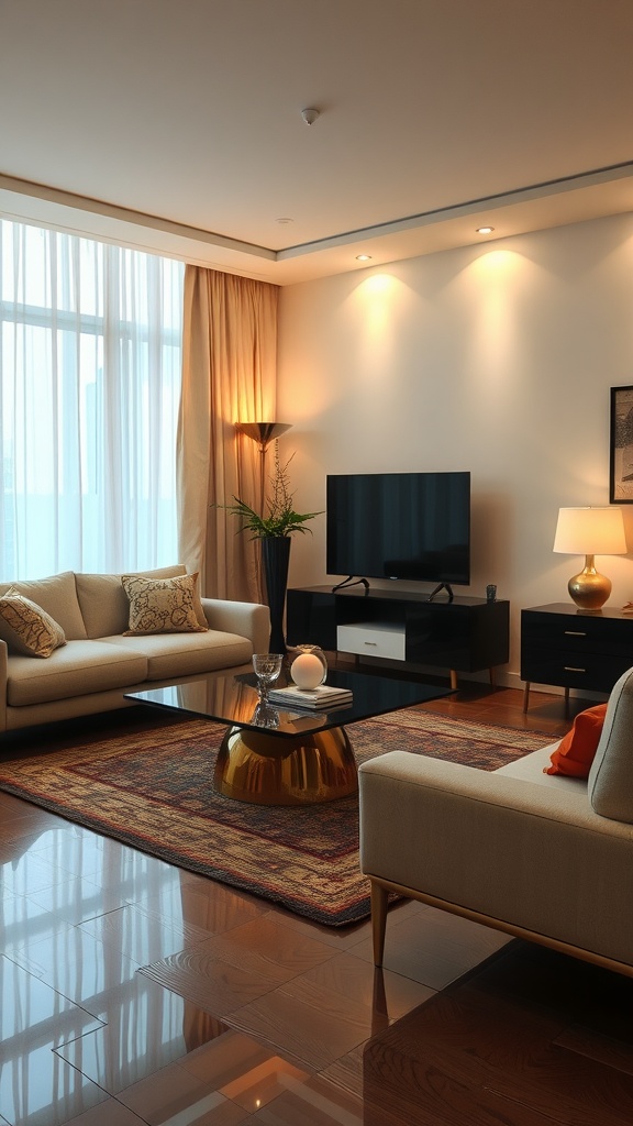 A stylish living room featuring reflective surfaces like a glossy coffee table and polished floor, enhancing the lighting