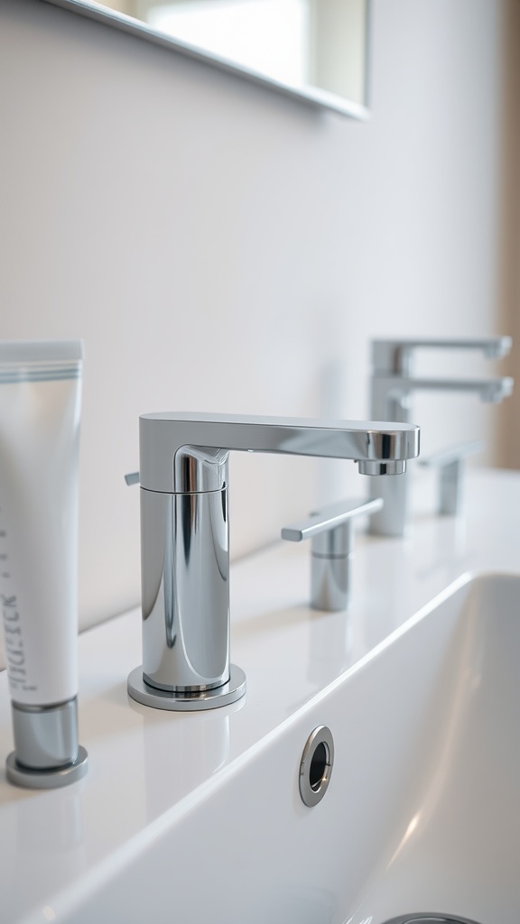 Modern chrome bathroom fixtures on a white sink