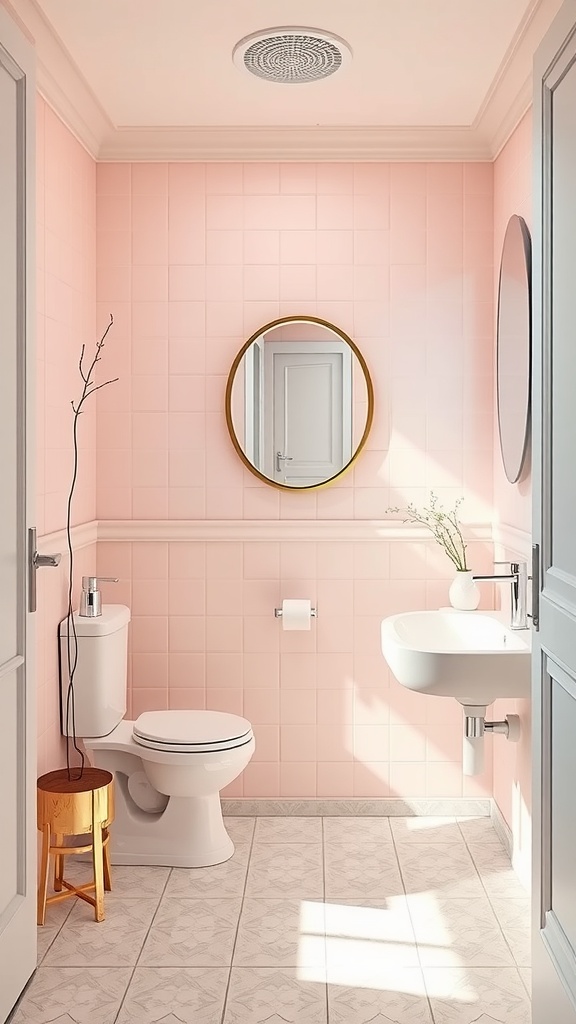 A modern pink bathroom with a round mirror, white sink, and light-colored decor