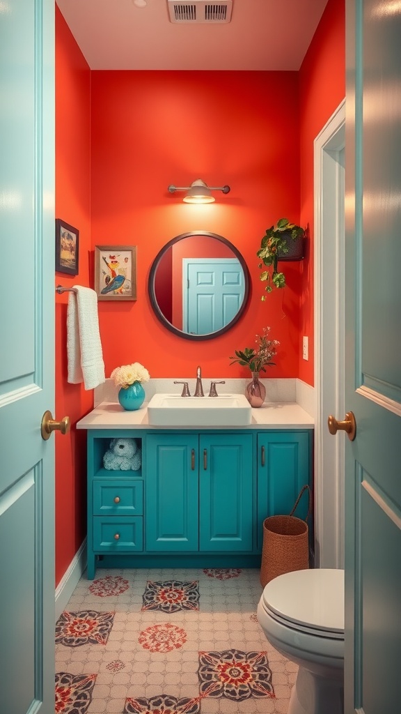 Bathroom featuring coral walls and aqua cabinetry.