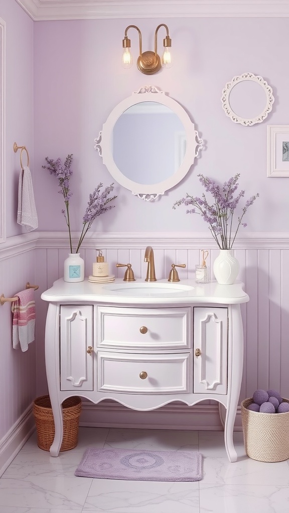 A stylish bathroom featuring a lavender wall, white vanity, and gold fixtures.