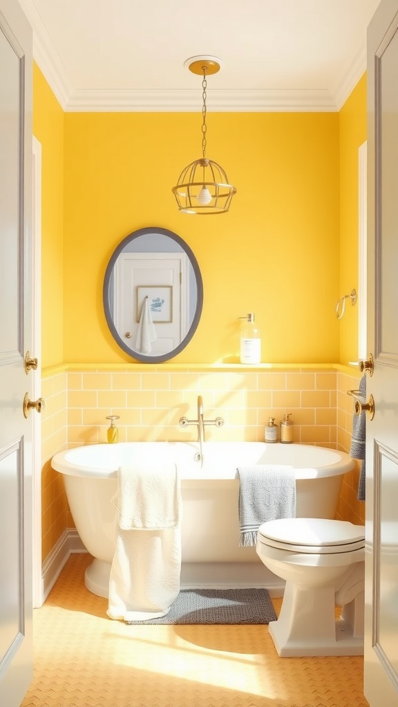 A bright bathroom featuring lemon yellow walls, gray accents, and a white bathtub.