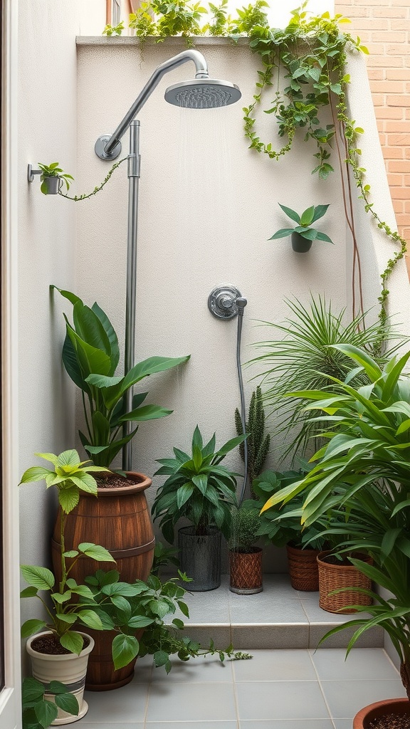 Outdoor shower surrounded by various plants on a small balcony