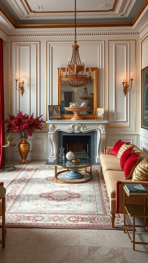 A regal living room featuring red accents, a chandelier, and classic decor elements.