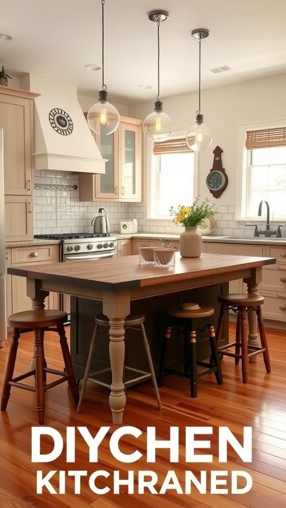 A well-designed kitchen island with wooden top, stools, and pendant lights in a modern kitchen.