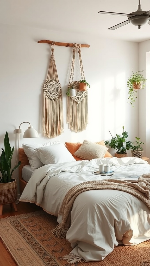 A cozy bohemian bedroom featuring a bed with light linens, macramé wall hangings, and plants.