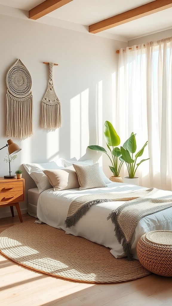 A cozy boho style bedroom featuring a bed with neutral bedding, woven wall hangings, plants, and natural light.