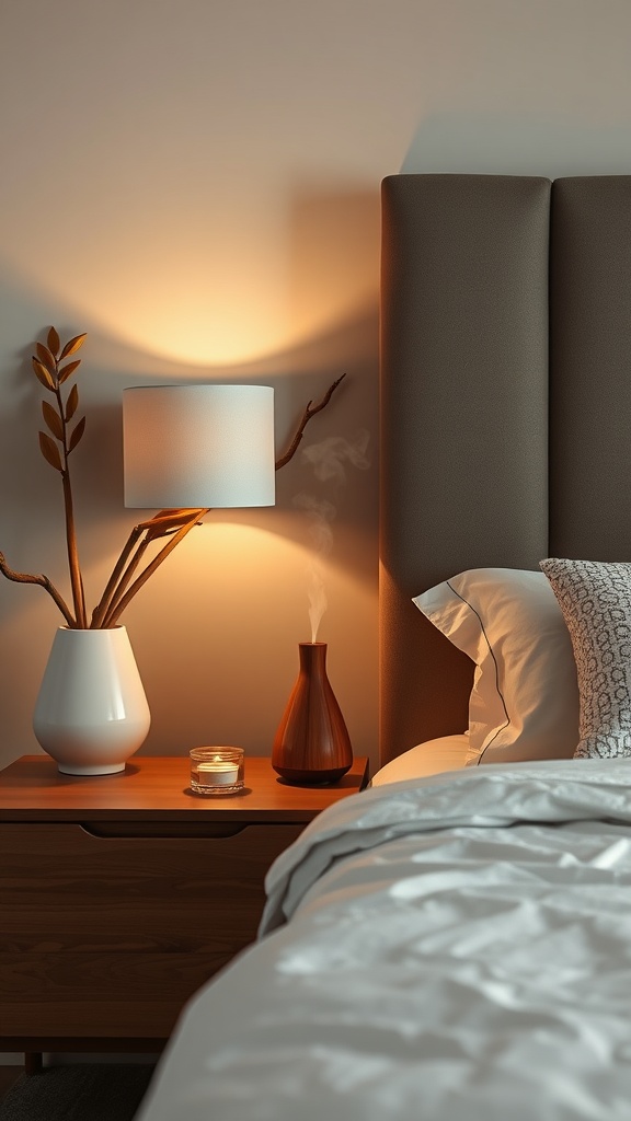 A cozy bedside table with an aromatherapy diffuser emitting steam, a lamp, and a decorative vase.