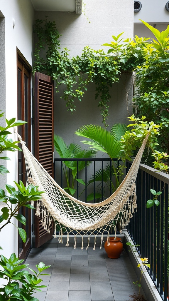 Small balcony with a hammock surrounded by plants