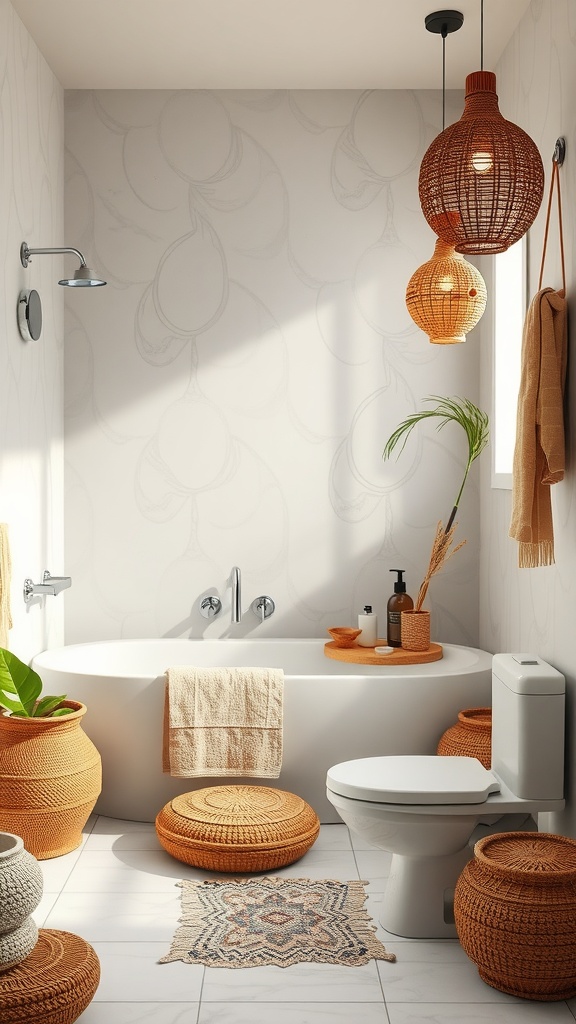 Boho-inspired bathroom featuring a round bathtub, warm-toned decor, woven lighting, and natural elements.