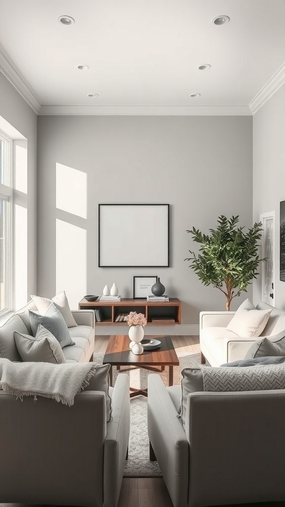 A stylish living room featuring light gray walls and cozy furniture.