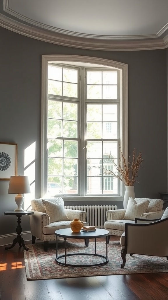 Cozy living room with Repose Gray walls, large windows, and elegant furniture.