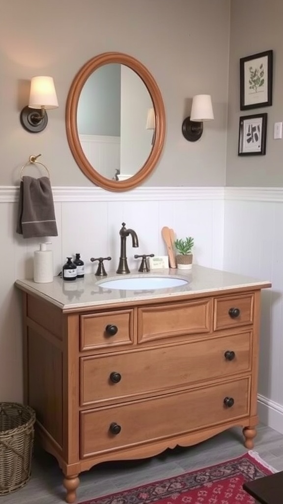 A stylish bathroom featuring a repurposed dresser as a sink vanity.