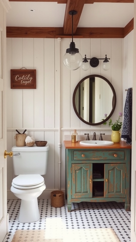 A cozy farmhouse bathroom featuring a repurposed teal vanity, round mirror, and rustic decor.