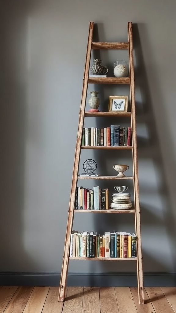 A wooden ladder repurposed as a bookshelf, displaying books and decorative items