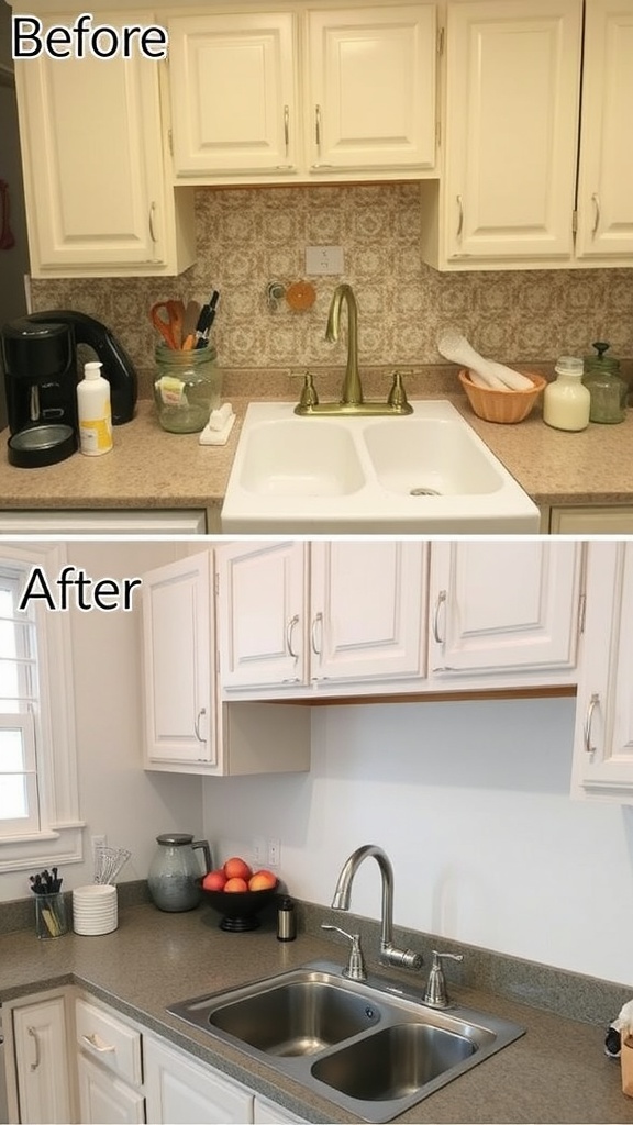 Before and after image of a kitchen renovation showcasing repurposed fixtures