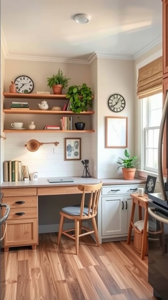 A cozy kitchen nook with a small desk, plants, and shelves displaying books and kitchenware.