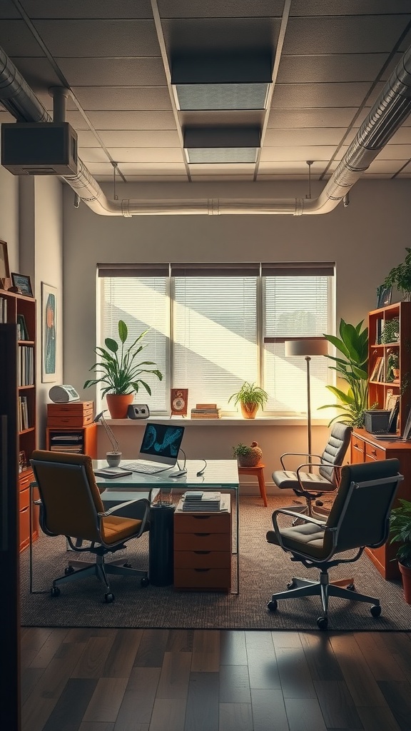 A small office featuring retro-inspired furniture with warm wooden flooring, colorful chairs, and plants.