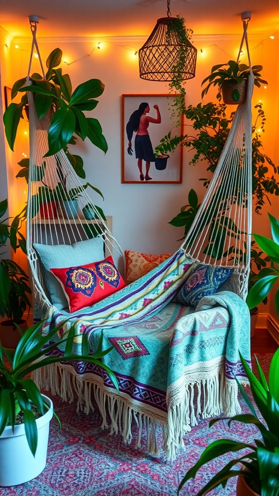 A cozy boho style bedroom with a retro-inspired hammock surrounded by plants and warm lighting.