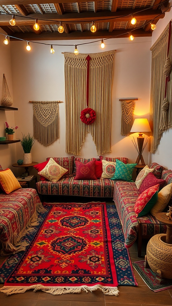 A cozy retro bohemian lounge with colorful seating, intricate patterns, and warm lighting.