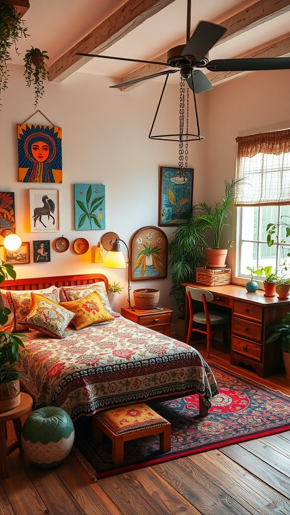 A cozy retro boho bedroom with colorful decor, patterned bedding, plants, and wooden furniture.