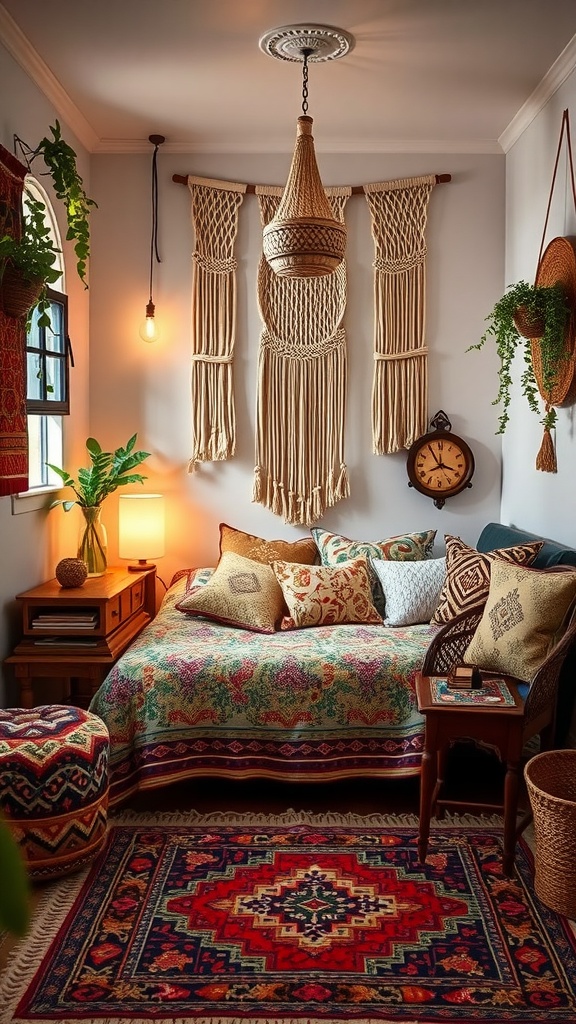 A cozy small bedroom featuring retro boho style elements such as a macramé wall hanging, colorful cushions, and a vibrant patterned rug.