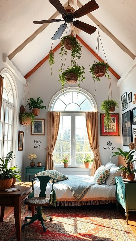 A boho style bedroom featuring high ceilings, hanging plants, and vintage furniture.