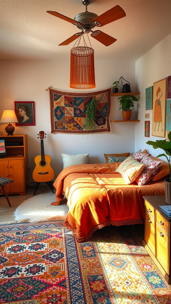 A cozy boho bedroom featuring warm orange bedding, a patterned rug, a guitar, and vintage decor.