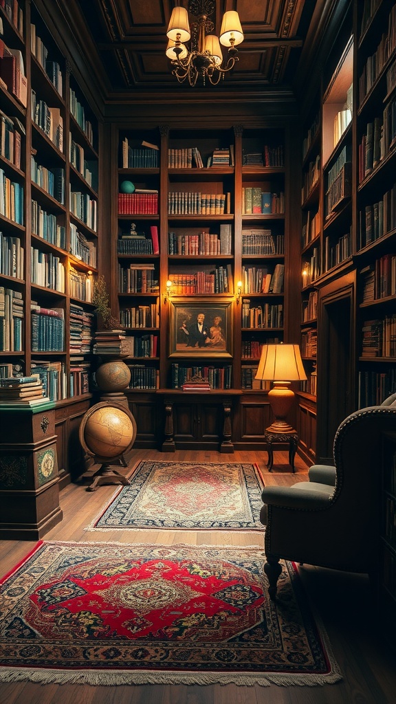 A vintage library featuring wooden bookshelves filled with books, two decorative rugs, a globe, and warm lighting.