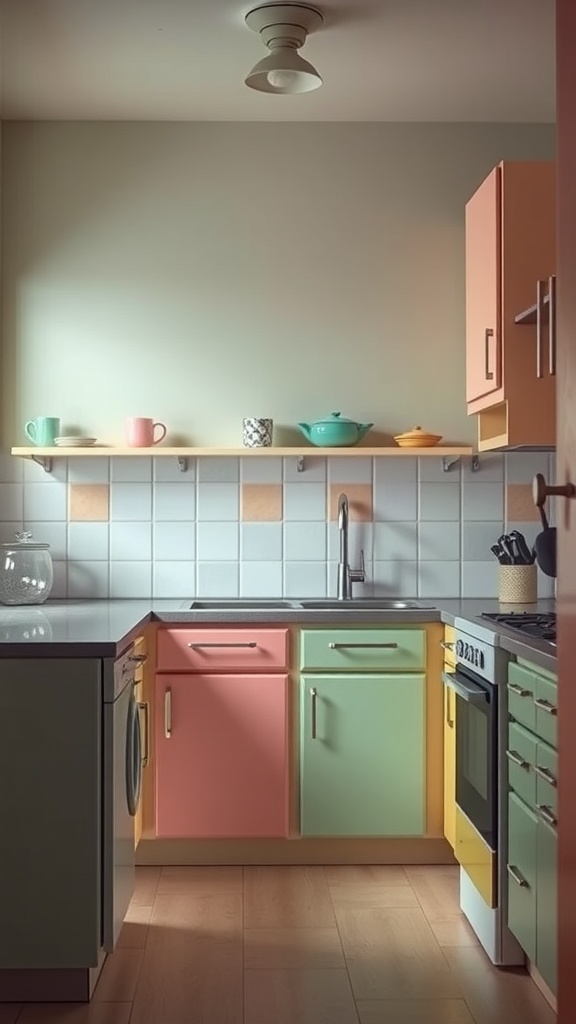 A kitchen featuring retro color palettes with pink, green, yellow, and blue cabinets.