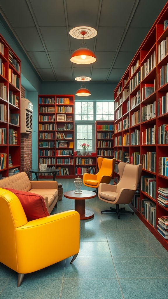 A cozy retro library featuring vintage furniture with yellow and neutral chairs, red bookshelves, and warm lighting.
