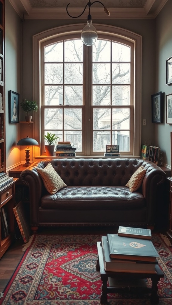 Cozy retro library with a vintage leather window seat and warm lighting