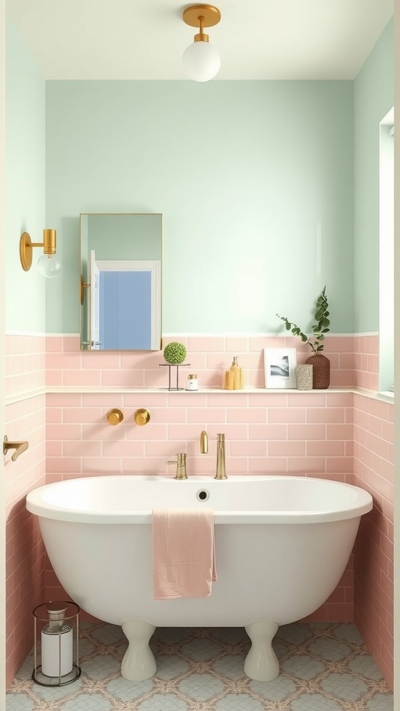 Bathroom with pastel pink and blue tiles, vintage fixtures, and warm lighting.