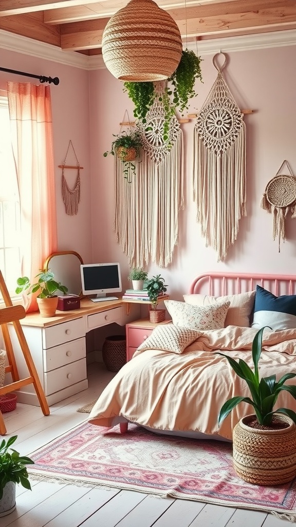 A cozy pink boho style bedroom featuring macramé hangings, plants, and a stylish desk area.