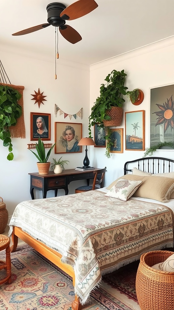 A cozy bedroom featuring a blend of retro and boho styles with plants, vintage portraits, and warm textiles.