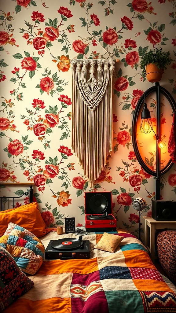 A boho inspired bedroom for teens featuring floral wallpaper, a colorful quilt, a macramé wall hanging, and a vintage record player.