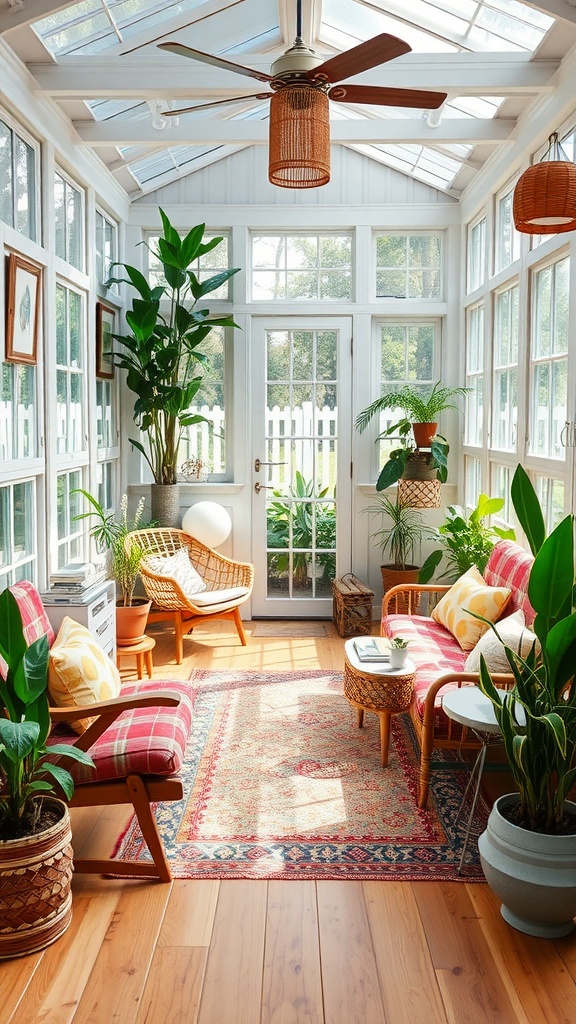 A bright and inviting sunroom filled with plants, retro furniture, and warm lighting.