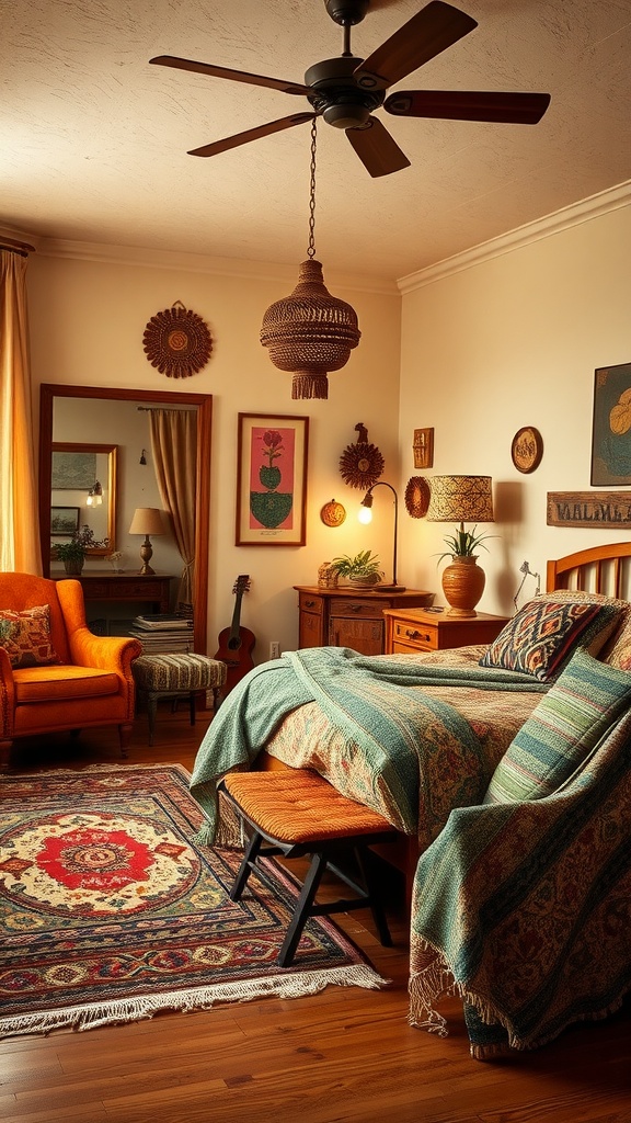 Cozy retro Boho style bedroom with warm colors and eclectic decor