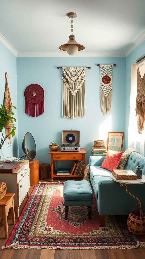 A light blue boho bedroom featuring a teal sofa, macramé wall hangings, and a vintage record player.