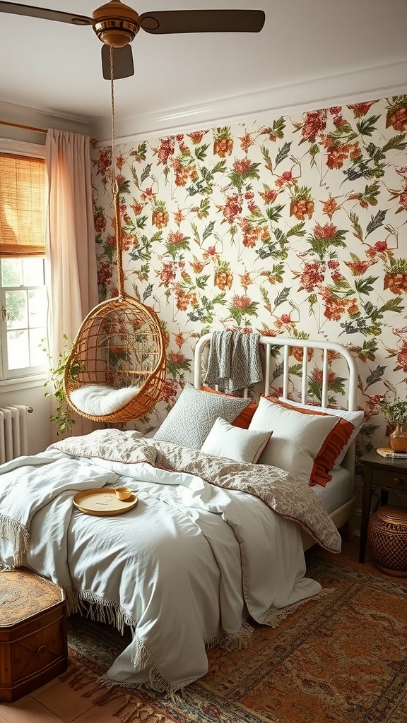 A cozy bohemian bedroom featuring floral wallpaper, a hanging chair, and soft bedding.