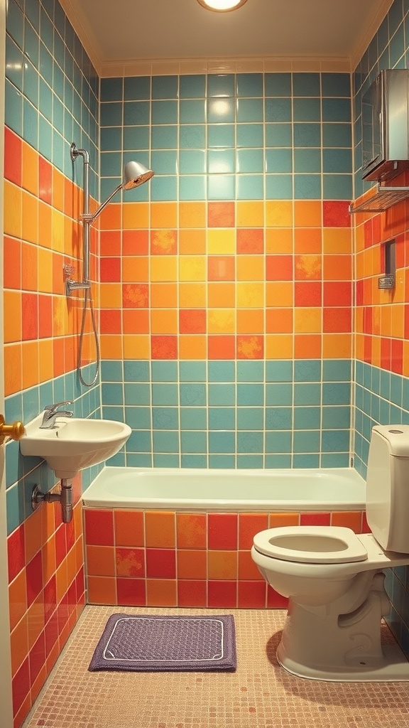 A vibrant 70s themed bathroom featuring colorful retro shower tiles in orange and turquoise.