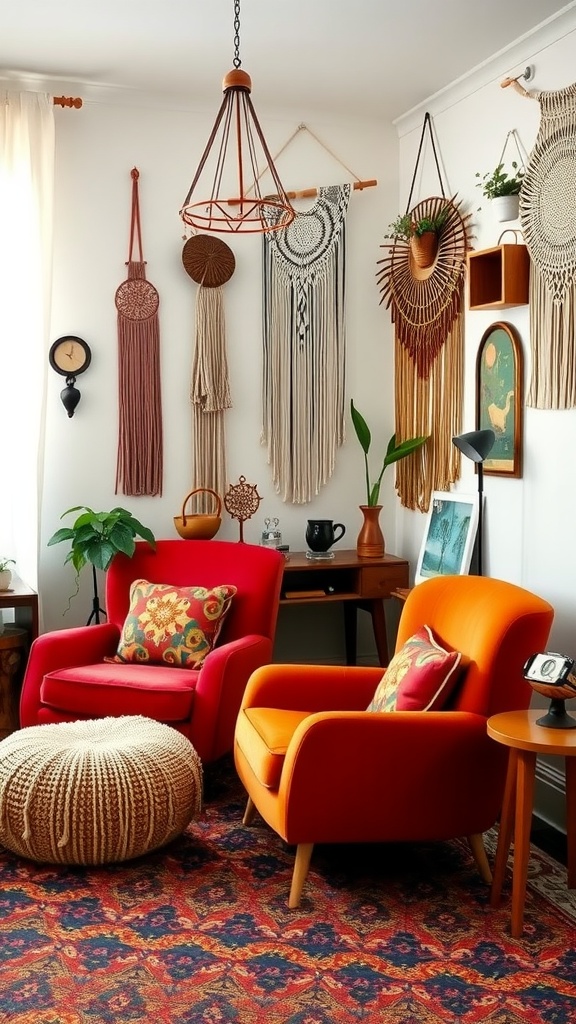 A cozy seating area featuring retro velvet chairs in vibrant colors, adorned with cushions, a knitted pouf, and decorative macramé on the wall.